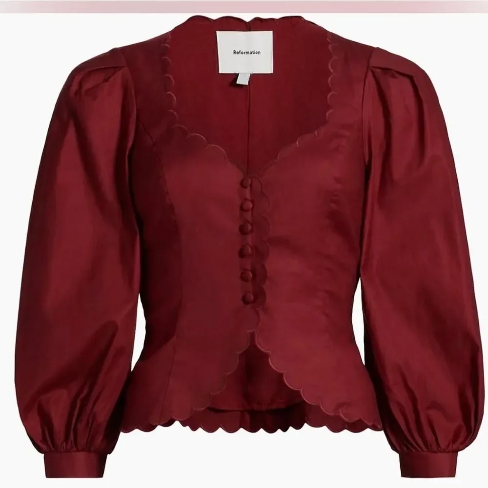 Reformation Elianna Burgundy Scalloped Button Blouse size 10 T2